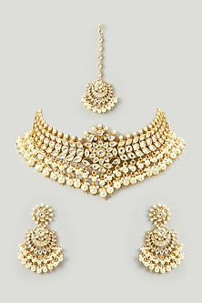 Gold Finish Kundan Polki & Beaded Choker Necklace Set