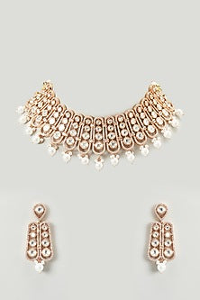 Gold Finish Kundan Polki & Pearl Choker Necklace Set