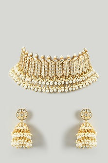 Gold Finish Kundan Polki & Beaded Choker Necklace Set