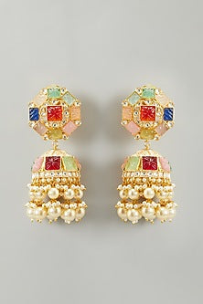 Gold Finish Kundan Polki Jhumka Earrings