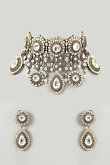 Two Tone Finish Kundan Polki & Pearl Choker Necklace Set