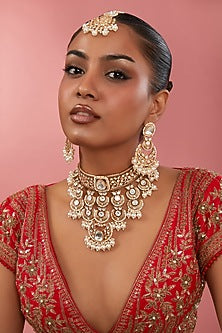 Gold Finish Kundan Polki & Pearl Necklace Set