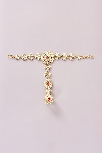 Gold Finish Kundan Polki & Pearl Hathphools (Set Of 2)
