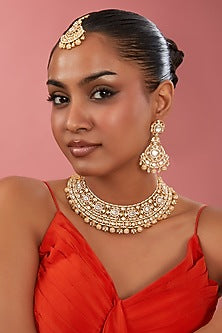 Gold Finish Kundan Polki & Pearl Choker Necklace Set