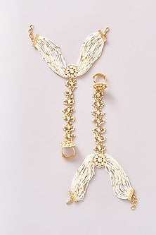 Gold Finish Kundan Polki & Pearl Hathphools (Set Of 2)