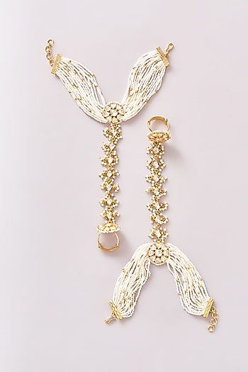 Gold Finish Kundan Polki & Pearl Hathphools (Set Of 2)