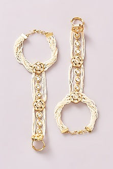 Gold Finish Kundan Polki & Pearl Hathphools (Set Of 2)