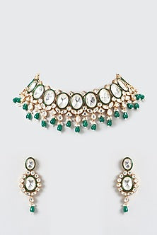 Gold Finish Kundan Polki & Emerald Necklace Set