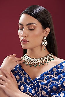 Gold Finish Kundan Polki & Emerald Necklace Set