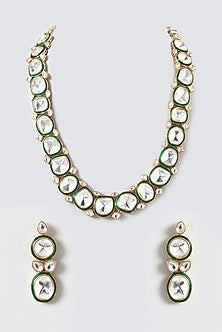 Black Rhodium Finish Kundan Polki & Pearl Necklace Set