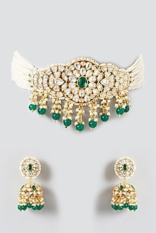 Gold Plated Kundan Polki & Emerald Choker Necklace Set