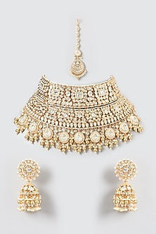 Gold Finish Kundan Polki & Pearl Necklace Set