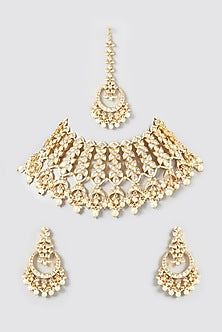 Gold Finish Kundan Polki & Pearl Necklace Set