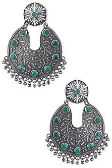 Silver plated floral green stone earrings