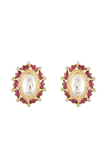 Gold Finish Moissanite Polki Handcrafted Earrings In Sterling Silver