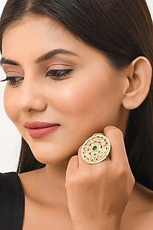 Gold Finish Moissanite Polki Handcrafted Ring In Sterling Silver