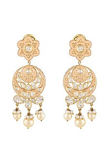 Gold Finish Moissanite Kundan Polki Earrings In Sterling Silver