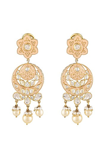 Gold Finish Moissanite Kundan Polki Earrings In Sterling Silver