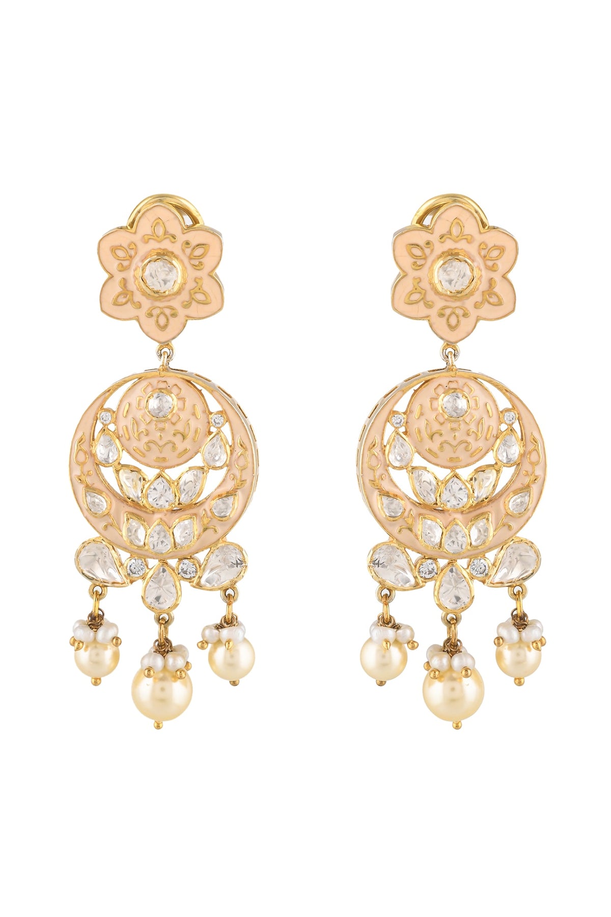 Gold Finish Moissanite Kundan Polki Earrings In Sterling Silver