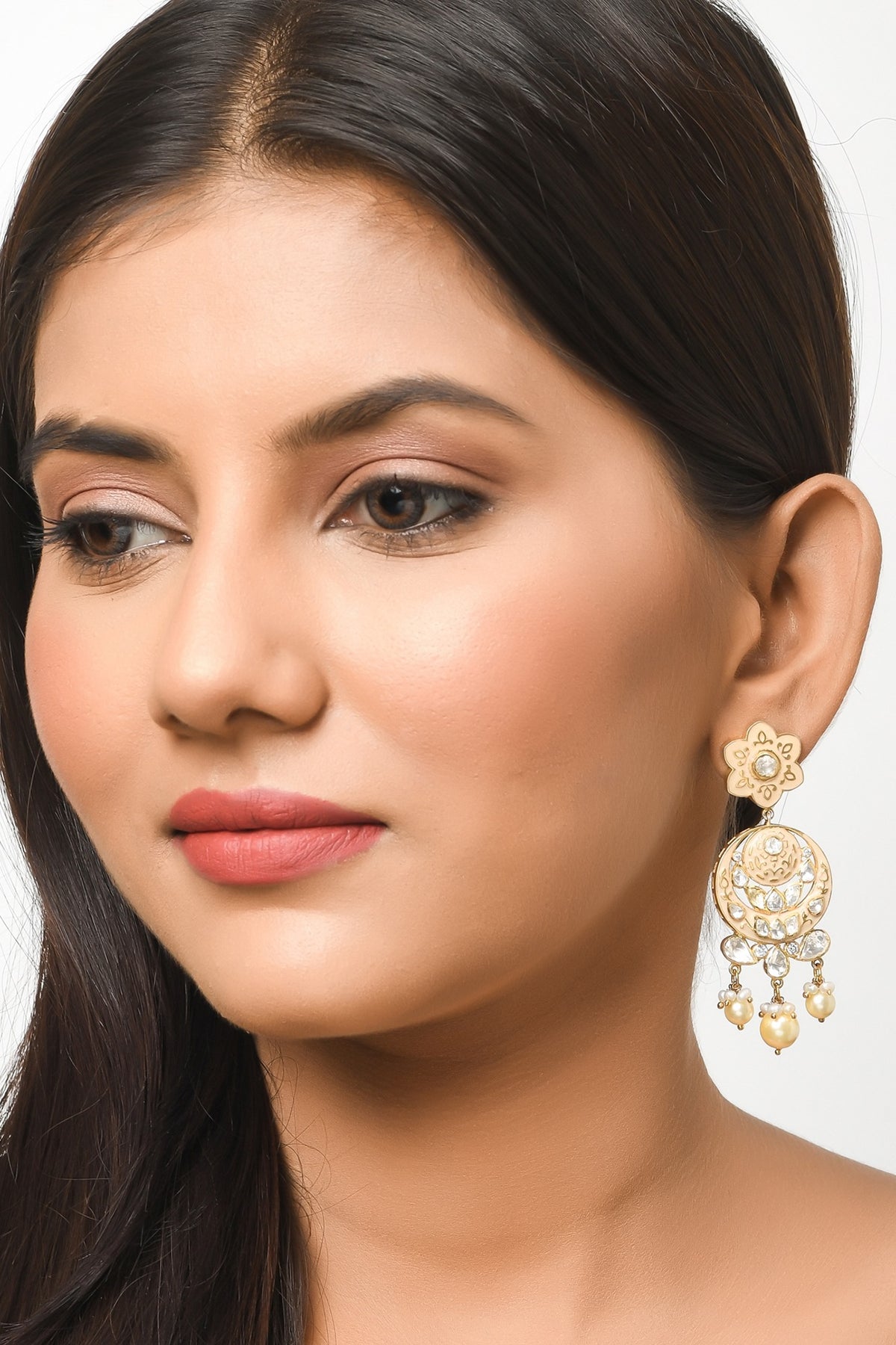 Gold Finish Moissanite Kundan Polki Earrings In Sterling Silver