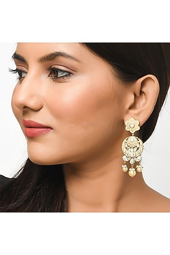 Gold Finish Moissanite Kundan Polki Earrings In Sterling Silver